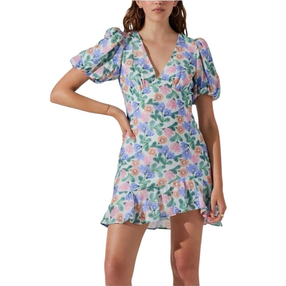 Astr The Label Floral Puff Sleeve Cutout Dress in Blue Pink Floral Size Small